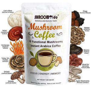 ShroomTide Instant Arabica Mushroom Coffee bag surrounded by 10 functional mushrooms including Lion's Mane, Reishi, Chaga, and Cordyceps for focus and energy.