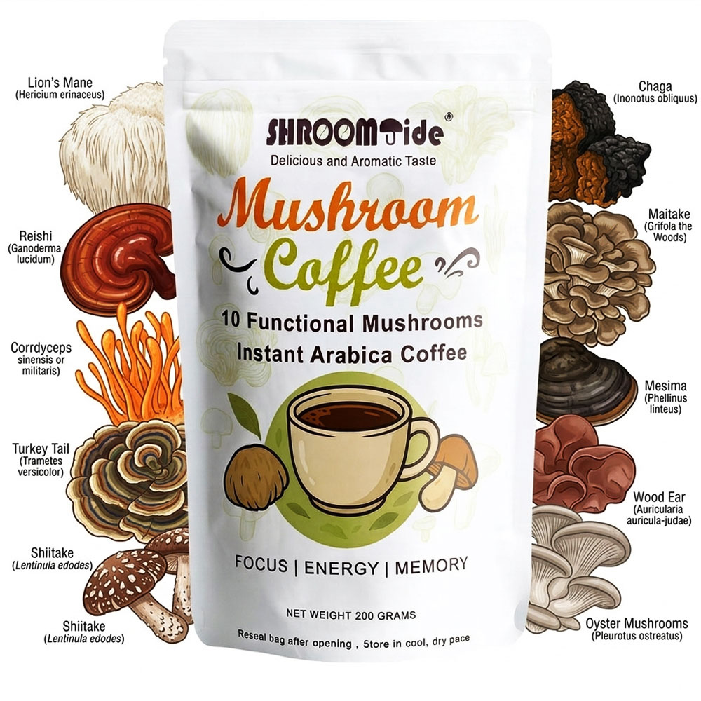ShroomTide Instant Arabica Mushroom Coffee bag surrounded by 10 functional mushrooms including Lion's Mane, Reishi, Chaga, and Cordyceps for focus and energy.