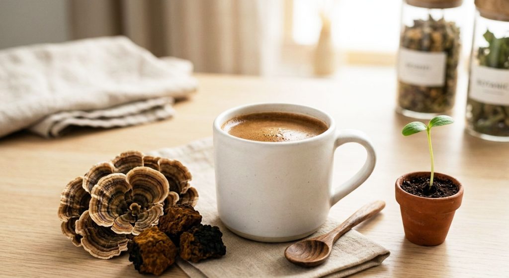 ShroomTide 10-in-1 mushroom coffee with Chaga and Turkey Tail for immune support.