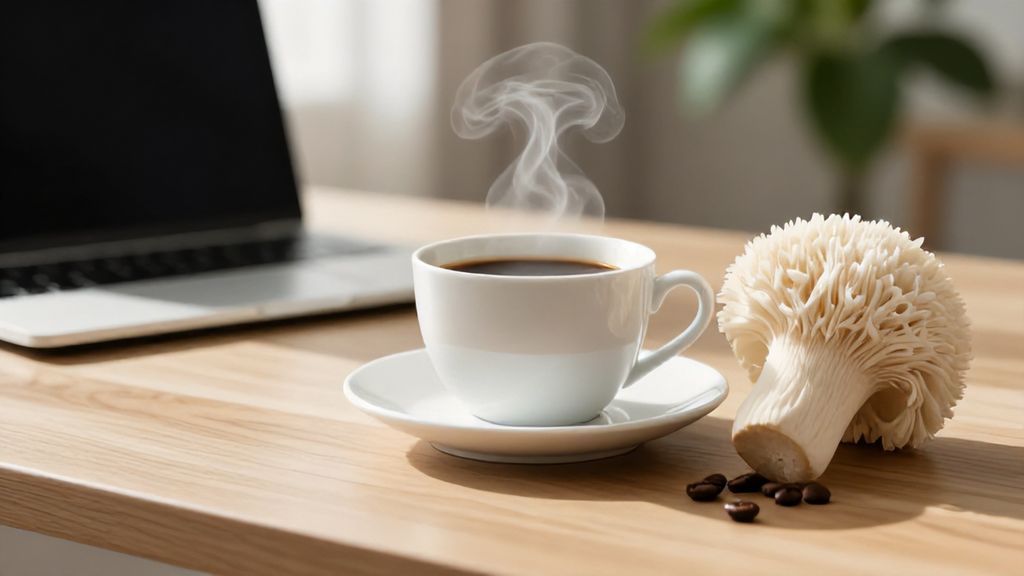 A cup of Shroomtide Lion's Mane mushroom coffee on a desk next to a laptop for focus.