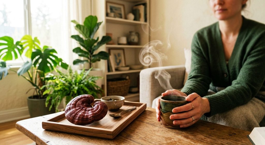A person holding a calming cup of Shroomtide Reishi mushroom coffee for stress relief.