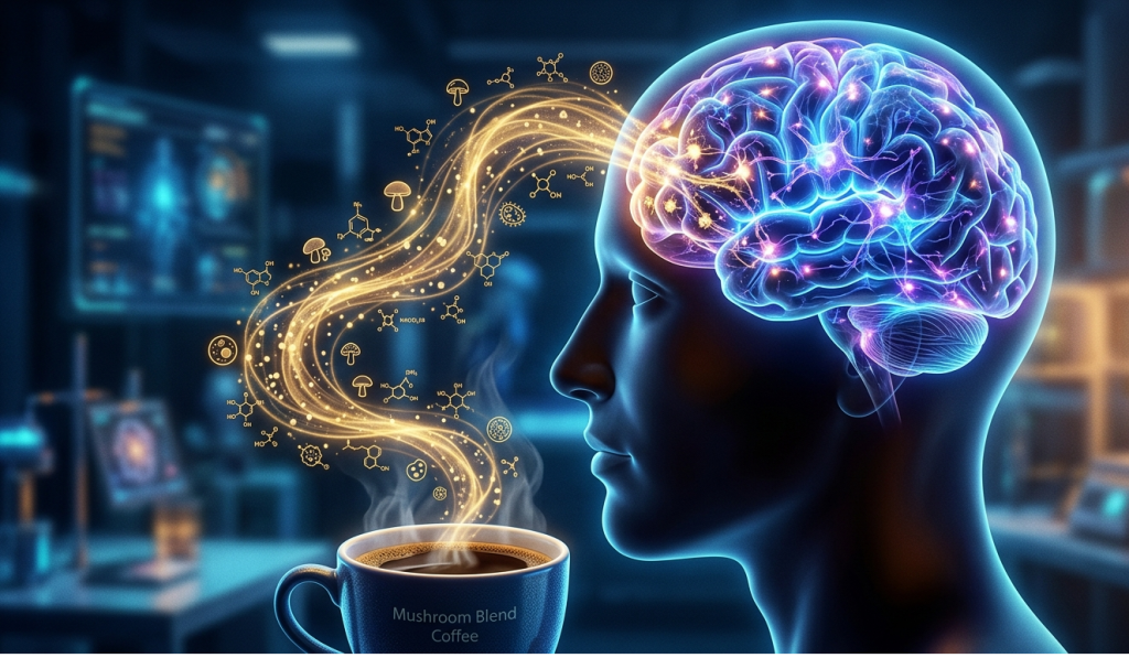 Diagram showing the neuroprotective effects of ShroomTide 10-in-1 mushroom coffee on the human brain.